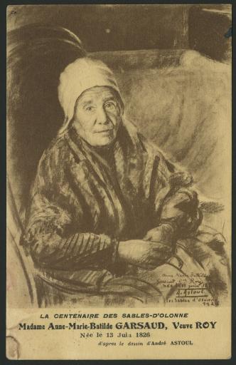 Anne-Marie-Batilde Garsaud, veuve Roy, la centenaire des Sables-d'Olonne d'après le dessin d'André Astoul daté de 1926.
